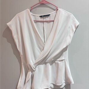 Zara Cream Wrap Peplum Blouse with Cap Sleeves
